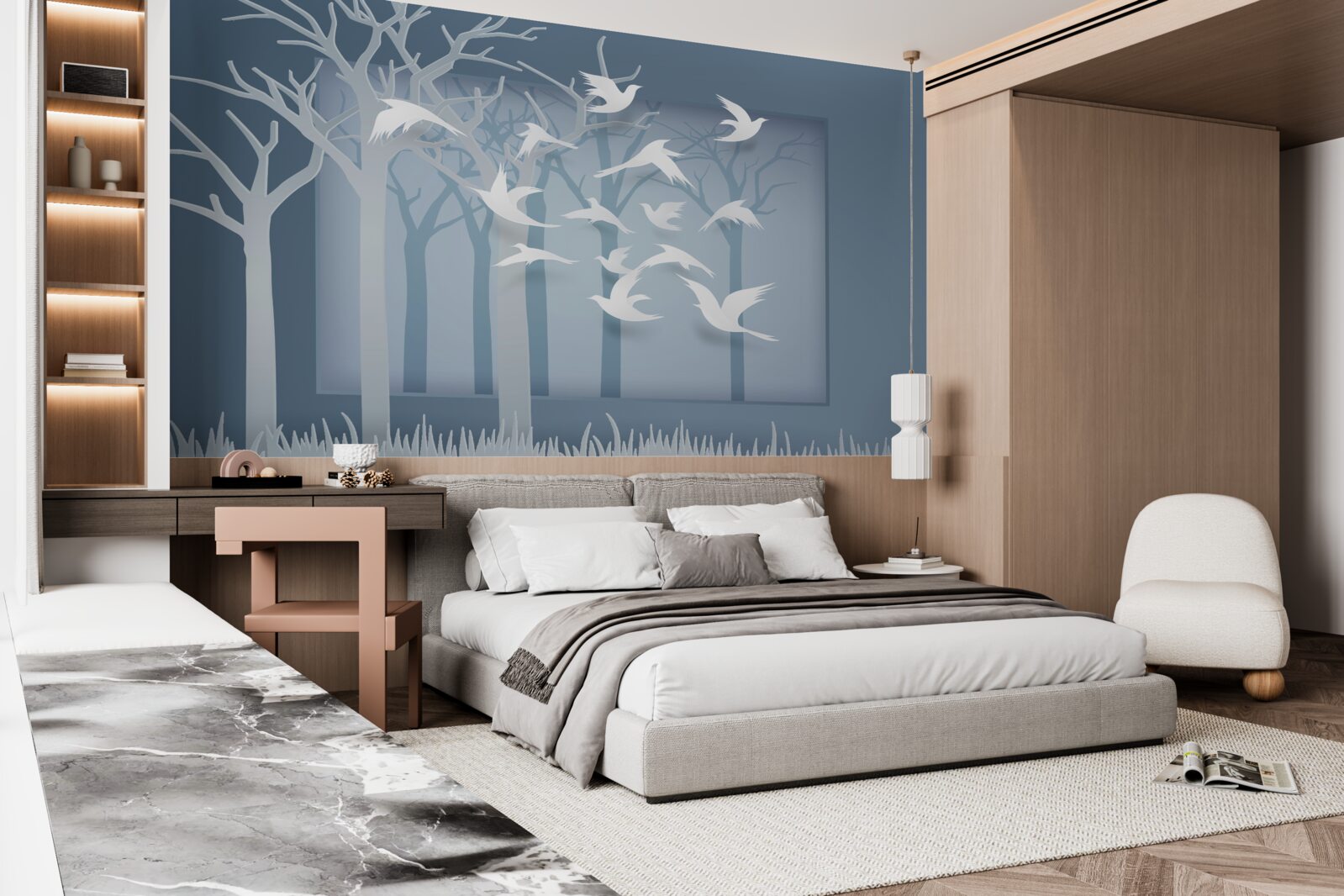 Fototapeta grupa lekkich ptaków przecina niebo nad nocnym zaroślem