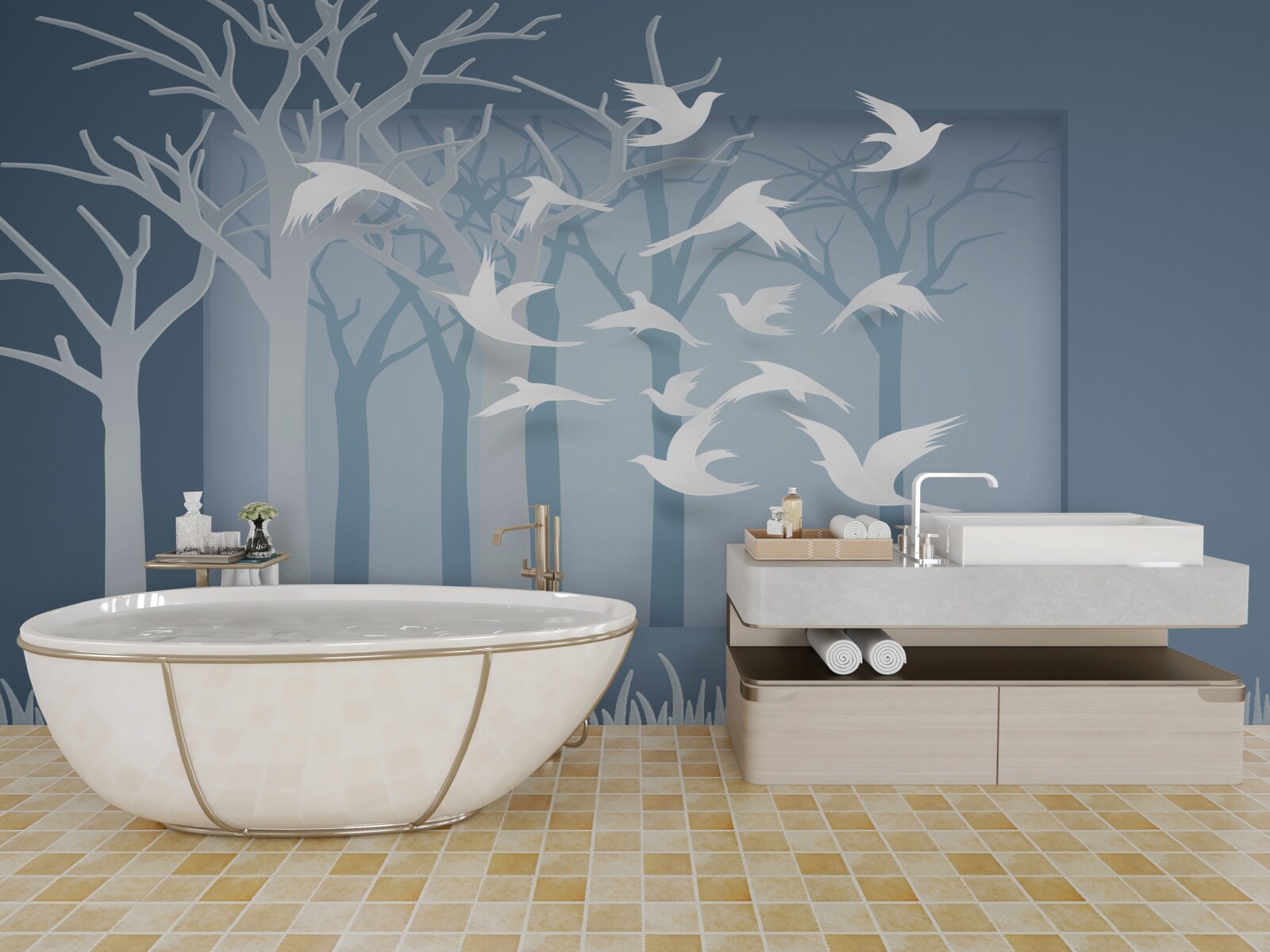 Fototapeta grupa lekkich ptaków przecina niebo nad nocnym zaroślem