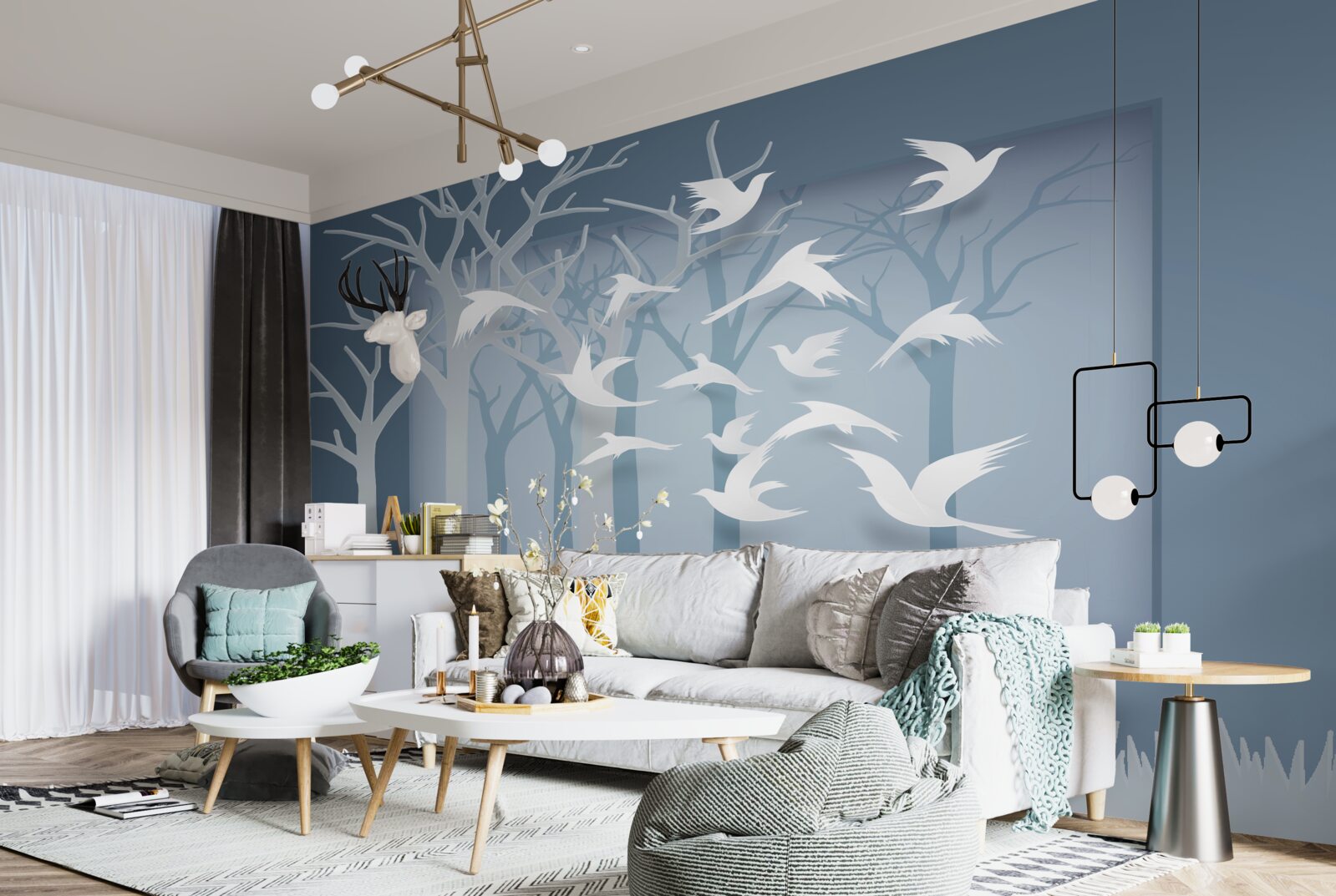 Fototapeta grupa lekkich ptaków przecina niebo nad nocnym zaroślem