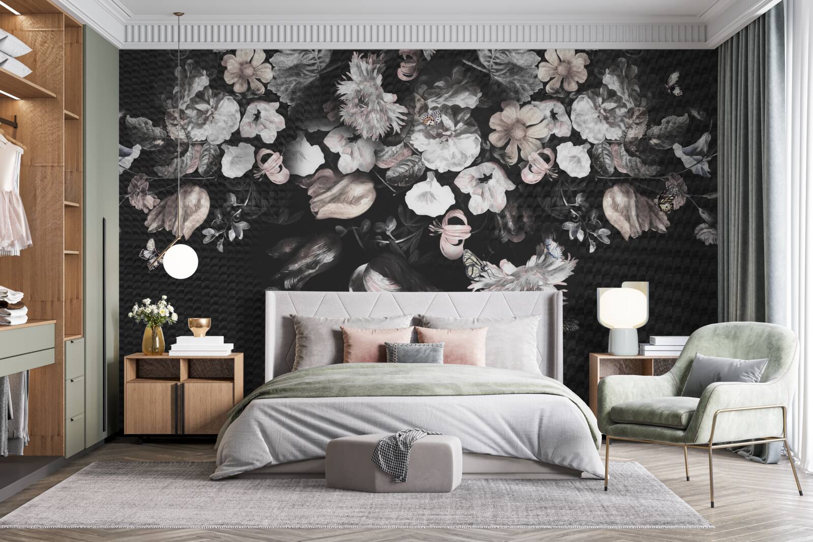 Fototapeta białe pąki kwiatowe na ciemnym tle