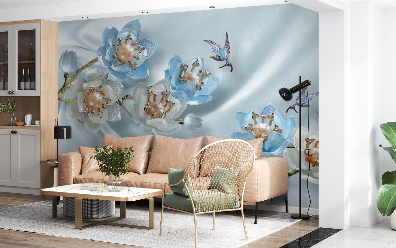 Fototapeta gałąź magnolii ozdobiona perłami i złotem na jedwabnym tle