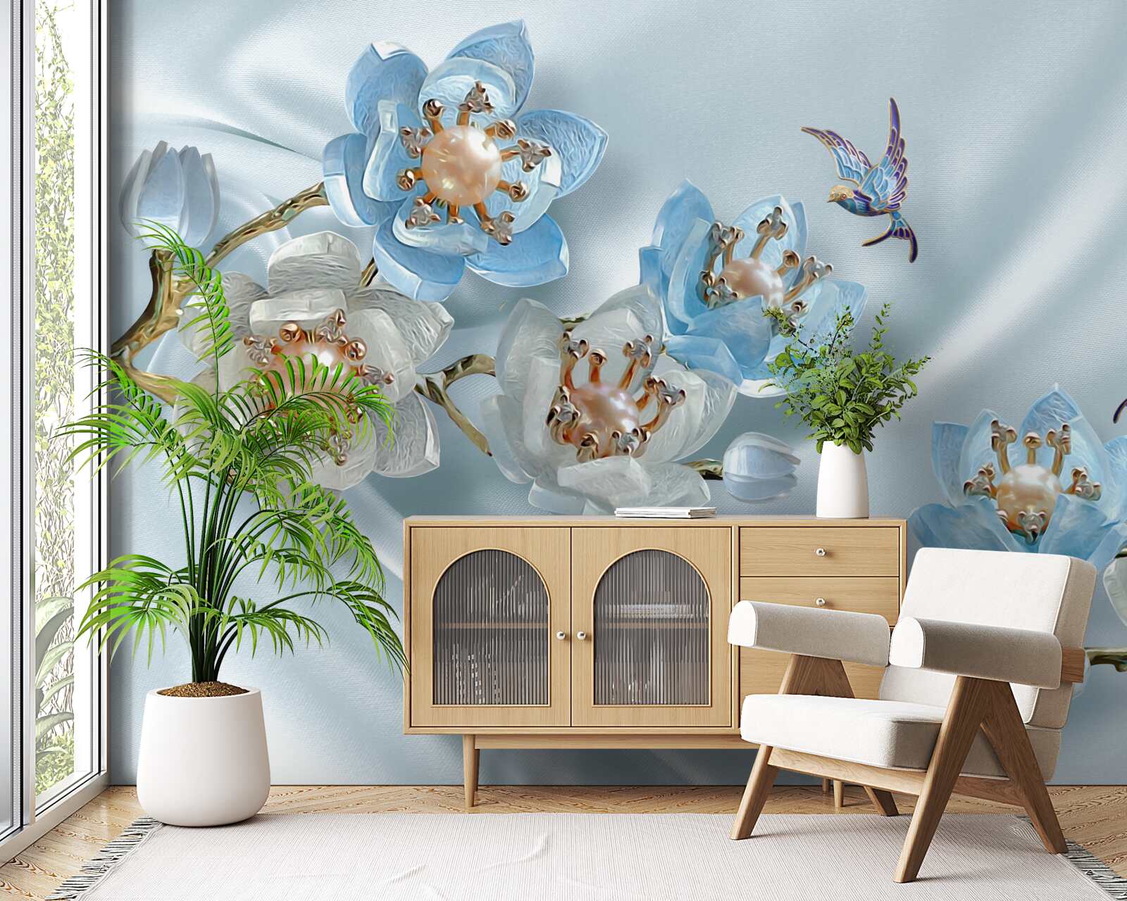 Fototapeta gałąź magnolii ozdobiona perłami i złotem na jedwabnym tle