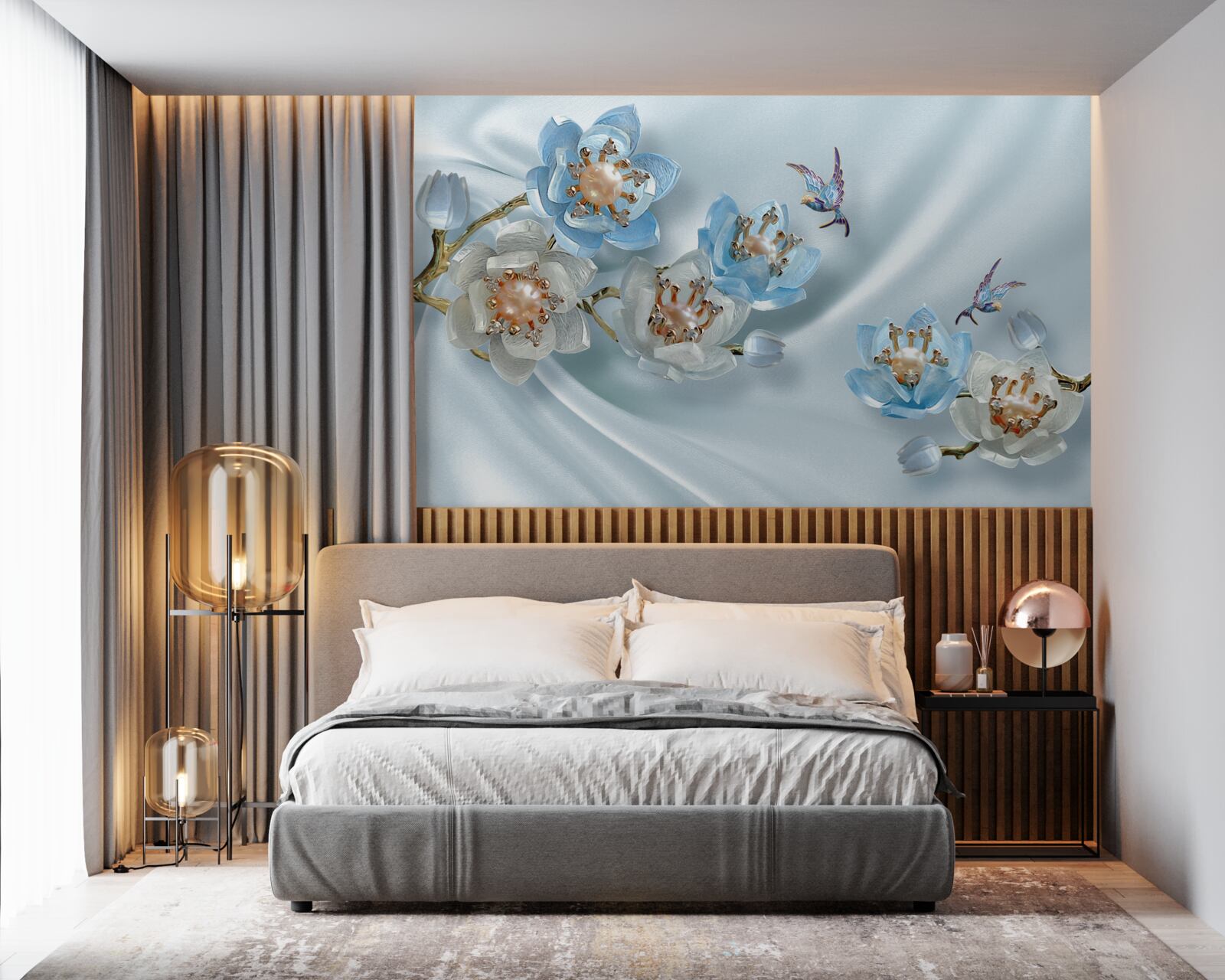 Fototapeta gałąź magnolii ozdobiona perłami i złotem na jedwabnym tle