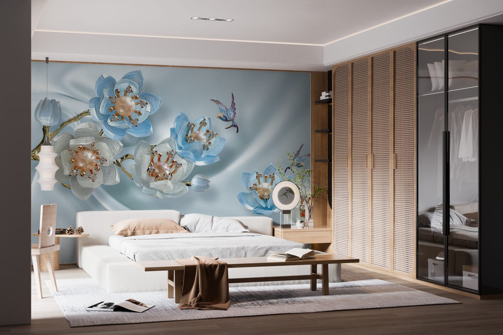 Fototapeta gałąź magnolii ozdobiona perłami i złotem na jedwabnym tle