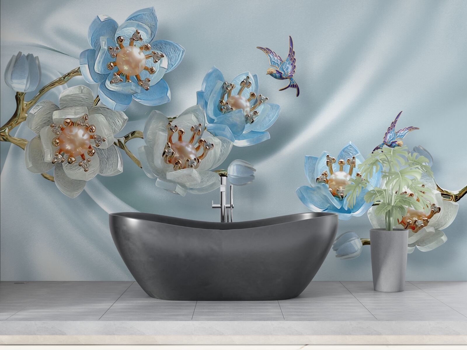 Fototapeta gałąź magnolii ozdobiona perłami i złotem na jedwabnym tle