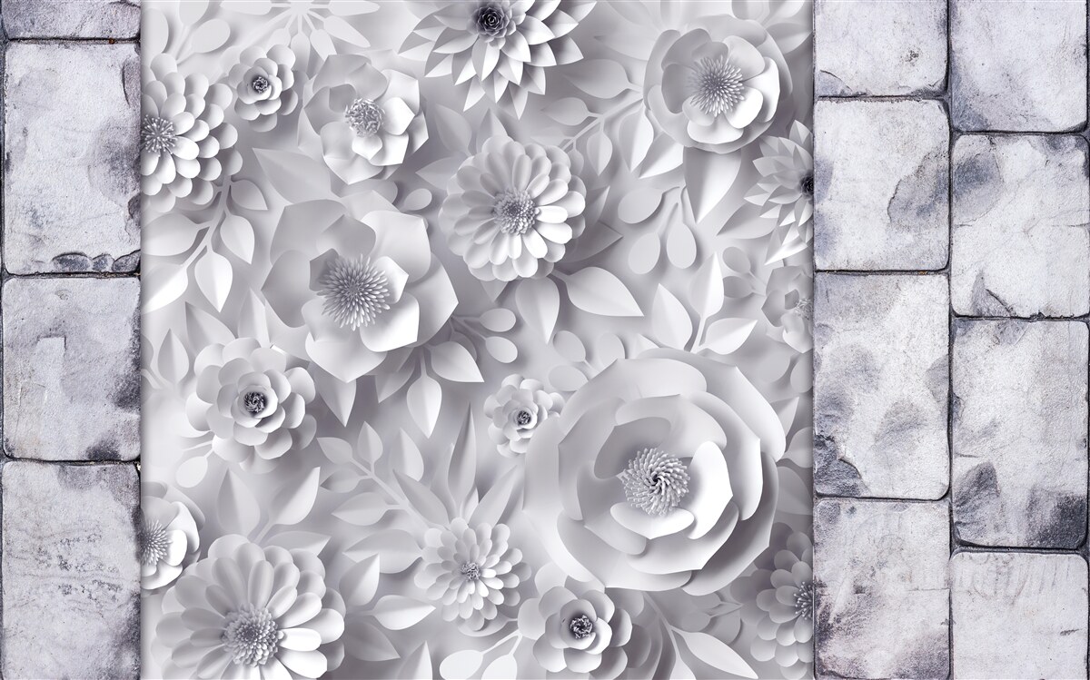 Fototapeta na ceglanym tle umieszczono wielokolorowe, trójwymiarowe kwiaty