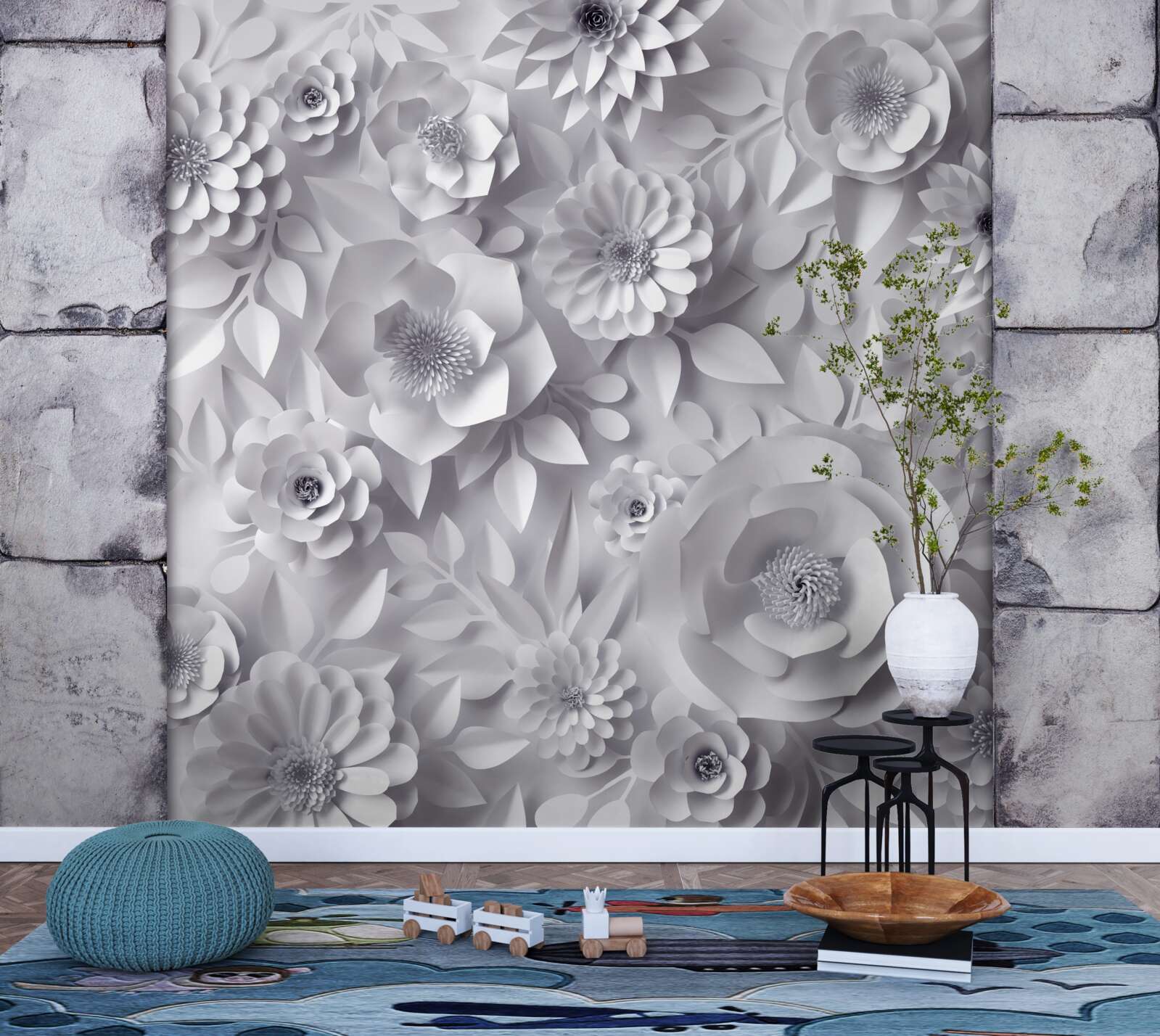 Fototapeta na ceglanym tle umieszczono wielokolorowe, trójwymiarowe kwiaty