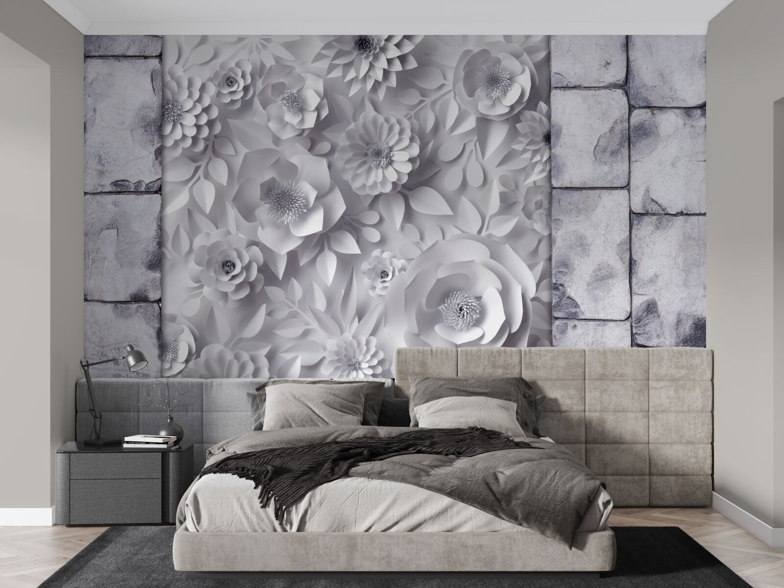 Fototapeta na ceglanym tle umieszczono wielokolorowe, trójwymiarowe kwiaty