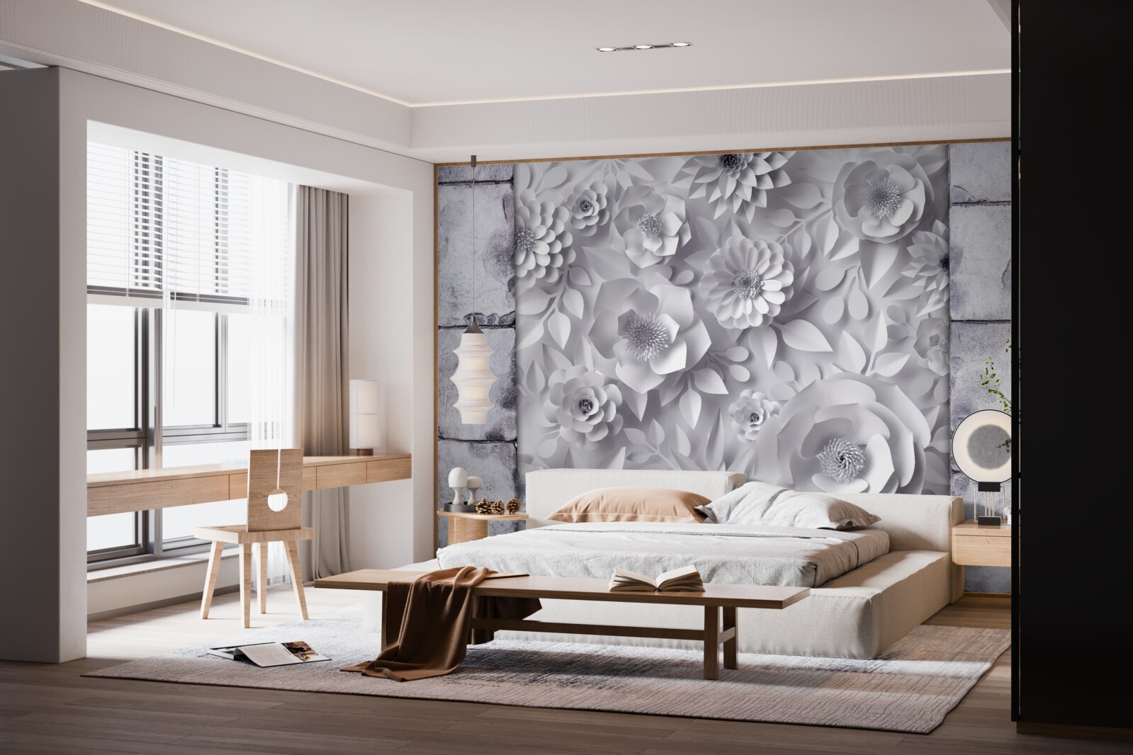 Fototapeta na ceglanym tle umieszczono wielokolorowe, trójwymiarowe kwiaty