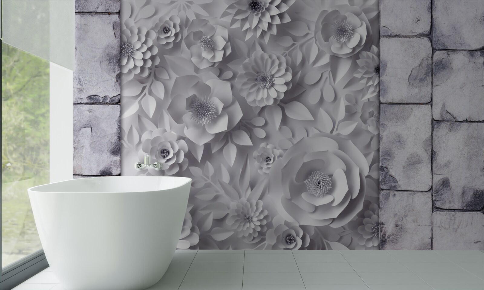 Fototapeta na ceglanym tle umieszczono wielokolorowe, trójwymiarowe kwiaty