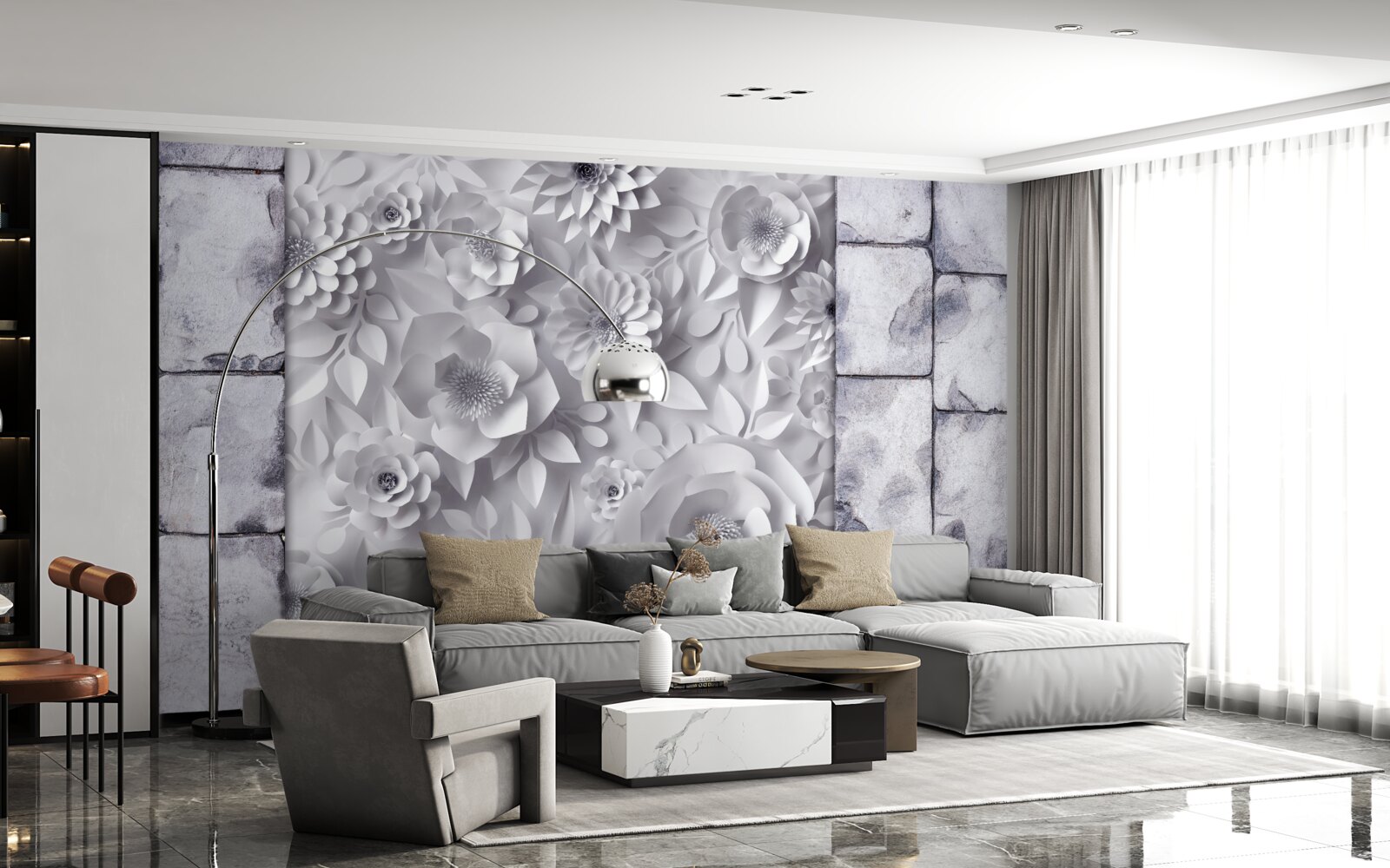 Fototapeta na ceglanym tle umieszczono wielokolorowe, trójwymiarowe kwiaty