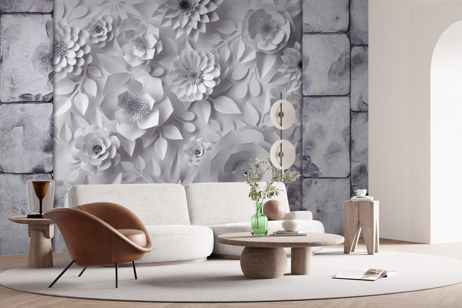 Fototapeta na ceglanym tle umieszczono wielokolorowe, trójwymiarowe kwiaty