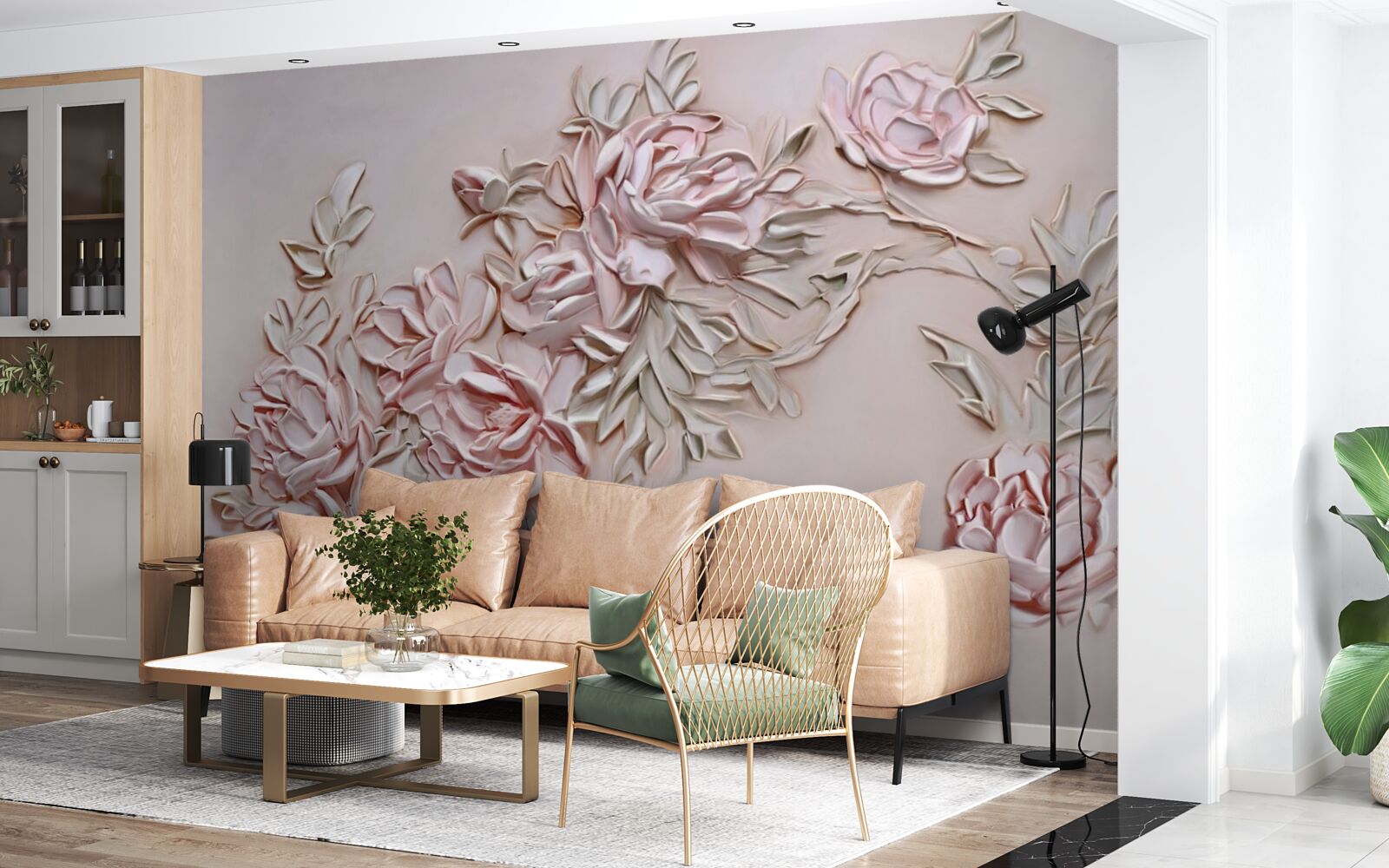 Fototapeta zielone liście na gałęzi różowych kwiatów