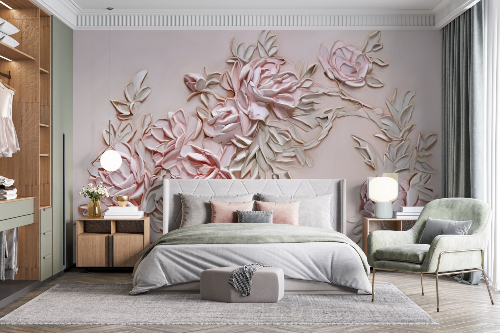 Fototapeta zielone liście na gałęzi różowych kwiatów