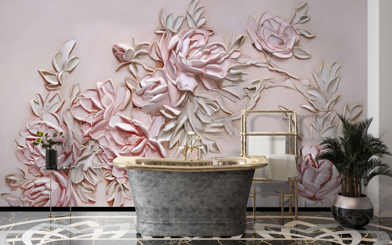 Fototapeta zielone liście na gałęzi różowych kwiatów