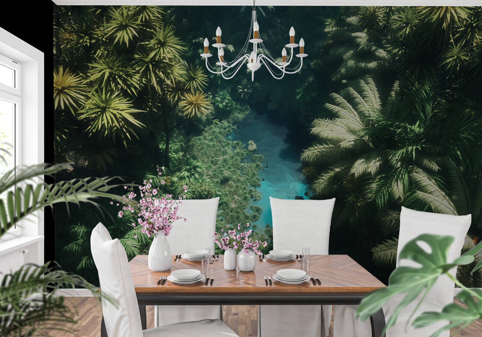 Fototapeta nocne niebo z roślinami tropikalnymi