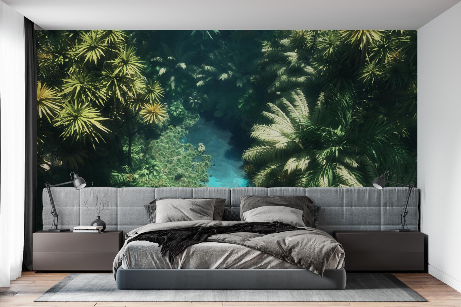 Fototapeta nocne niebo z roślinami tropikalnymi