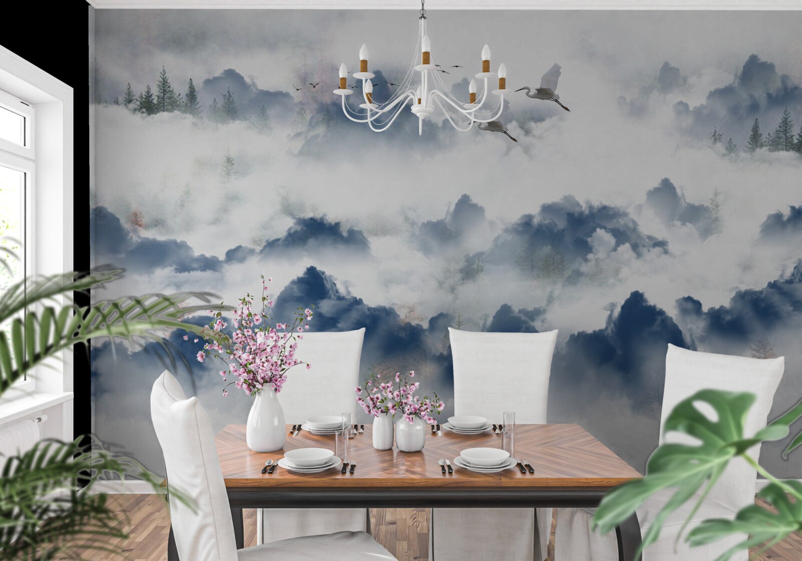 Fototapeta pierzaste stworzenia latają nad mglistymi szczytami pasm górskich