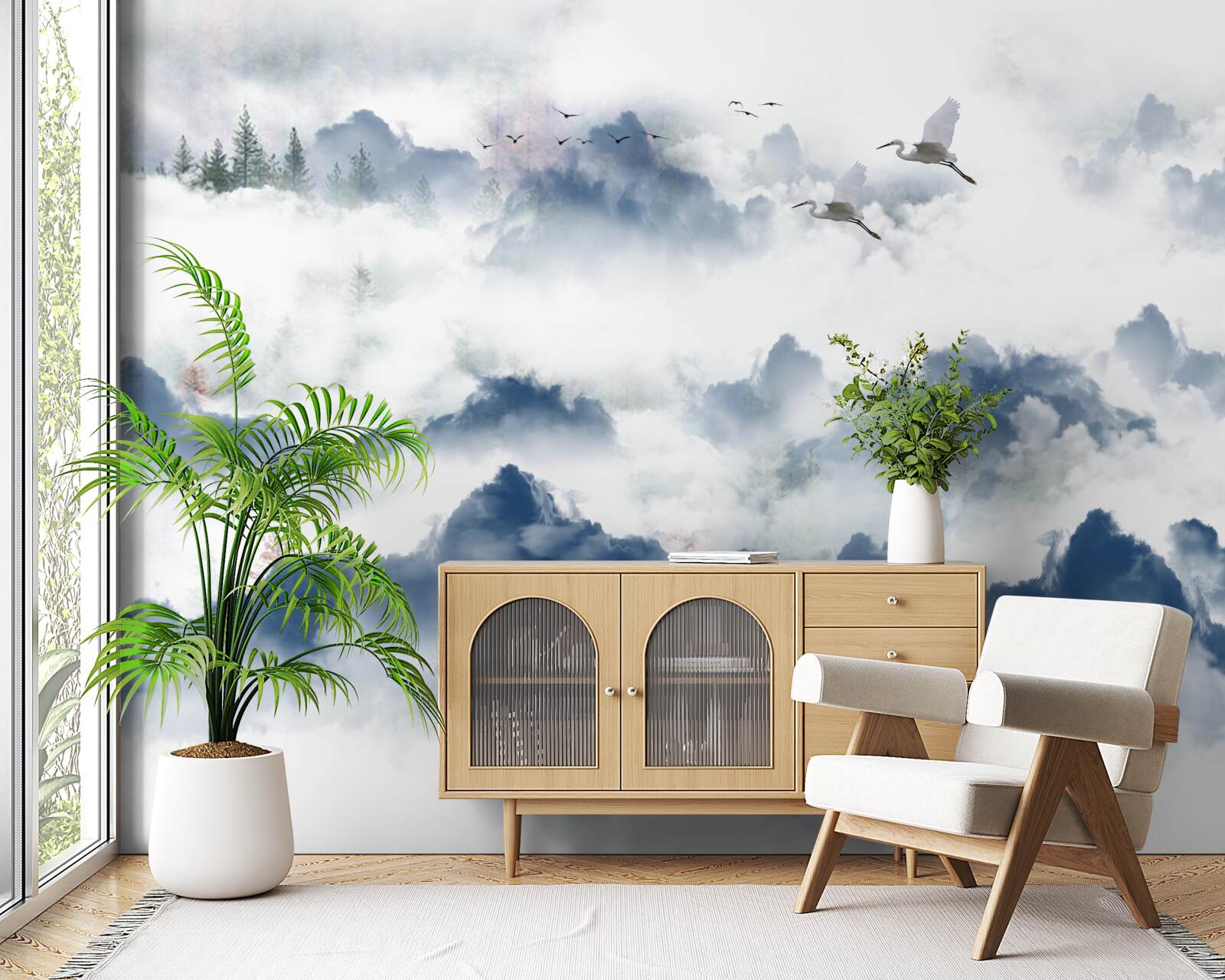 Fototapeta pierzaste stworzenia latają nad mglistymi szczytami pasm górskich