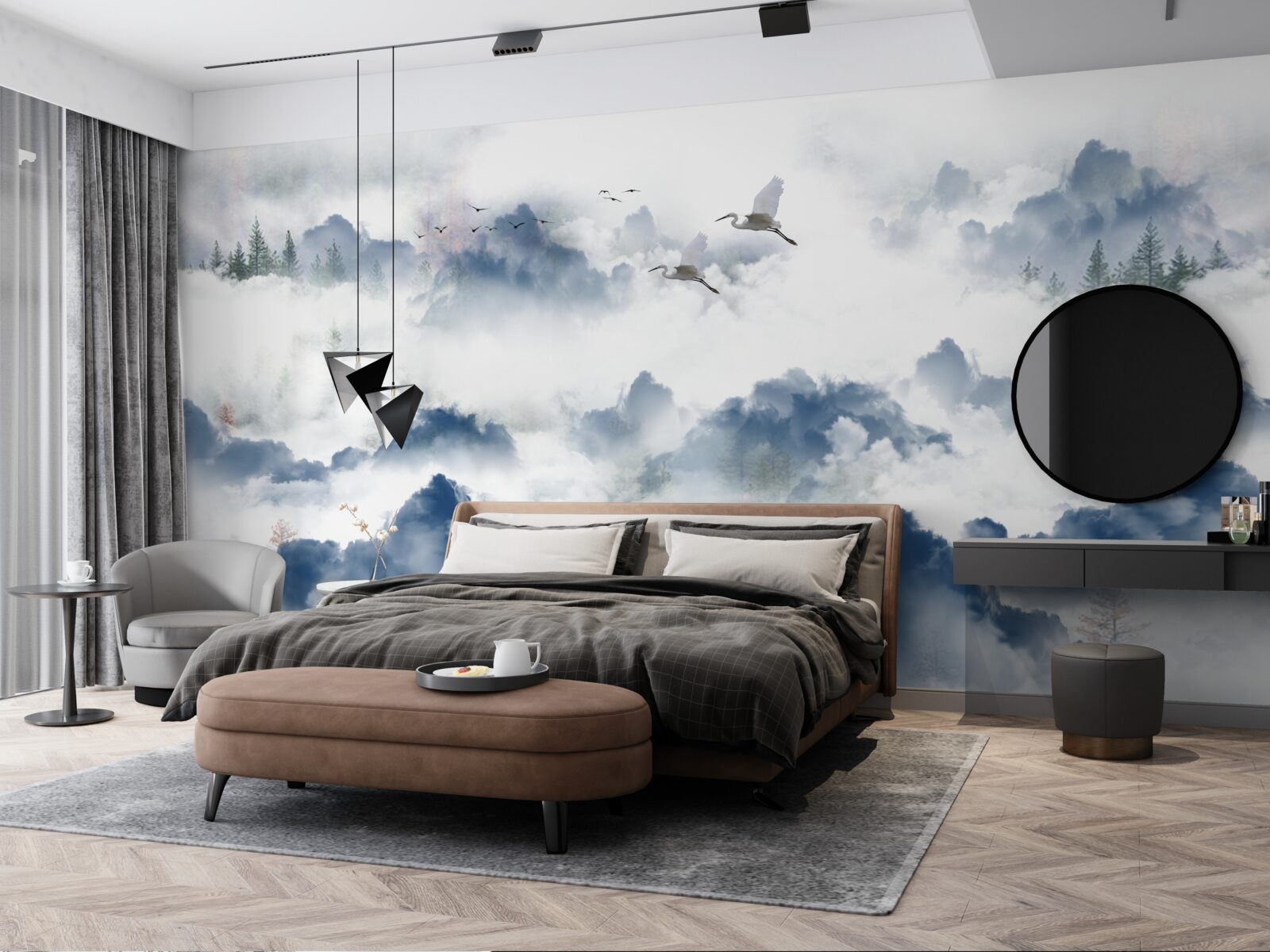 Fototapeta pierzaste stworzenia latają nad mglistymi szczytami pasm górskich