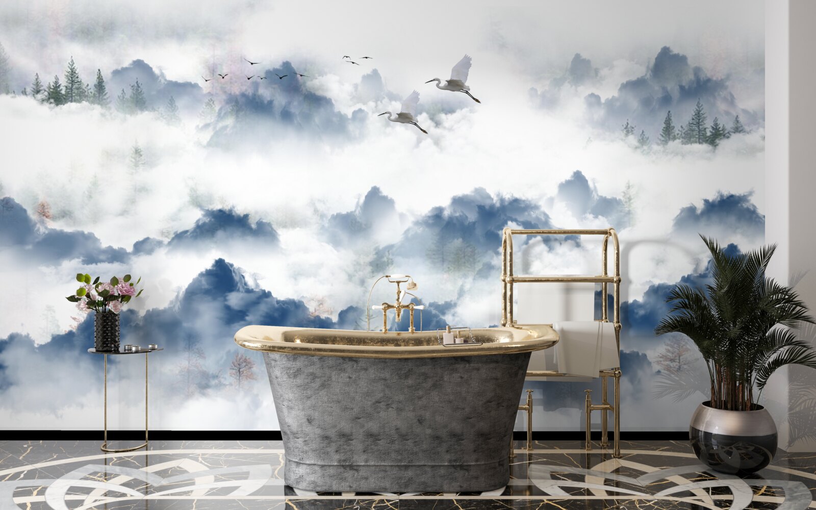 Fototapeta pierzaste stworzenia latają nad mglistymi szczytami pasm górskich