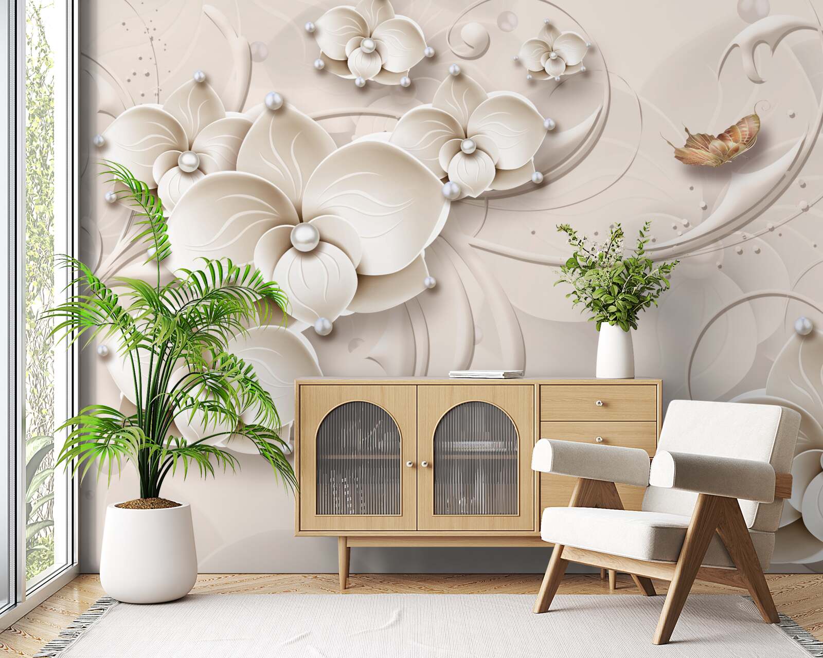 Fototapeta motyle i gałęzie śnieżnobiałej orchidei