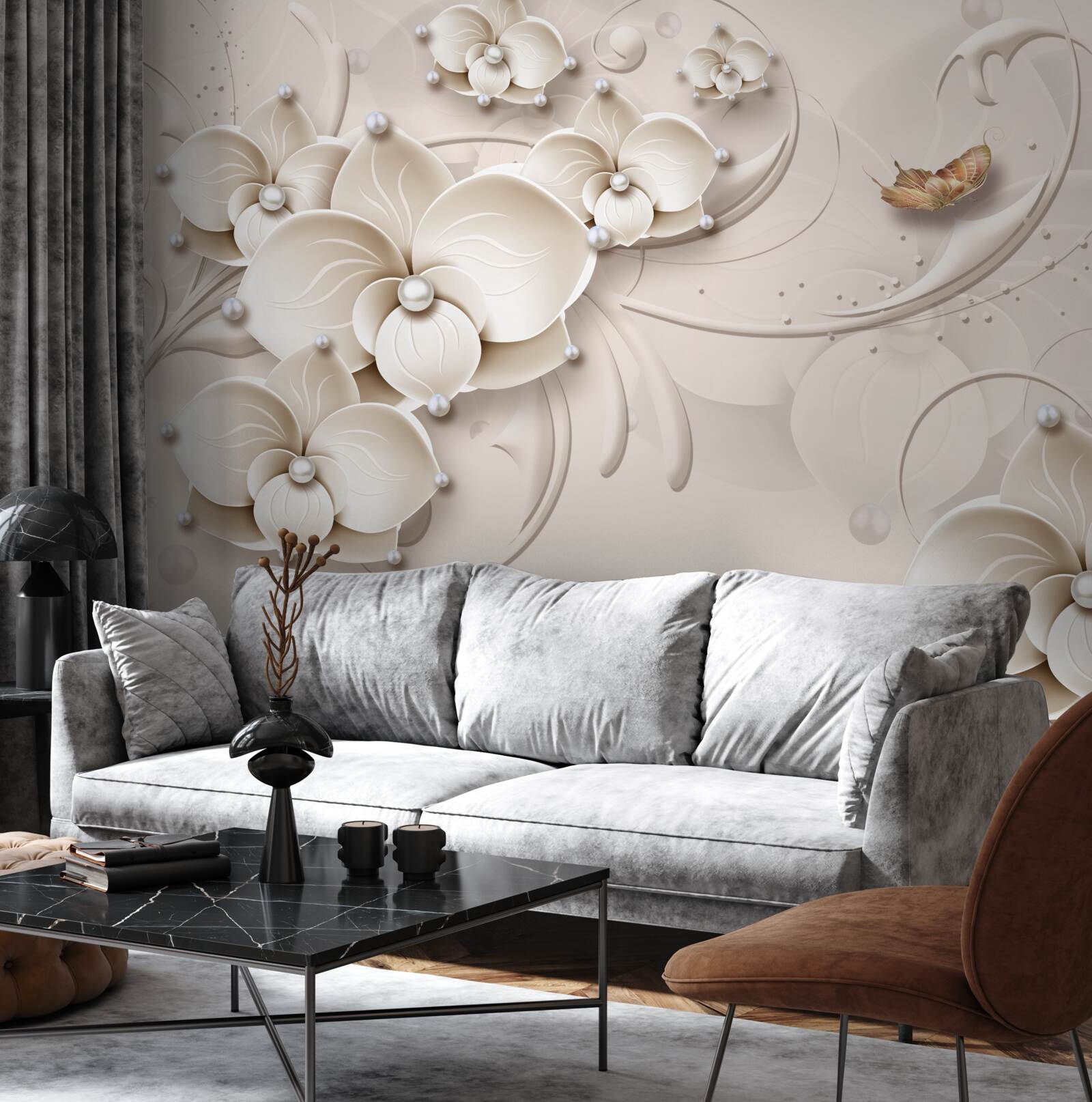 Fototapeta motyle i gałęzie śnieżnobiałej orchidei