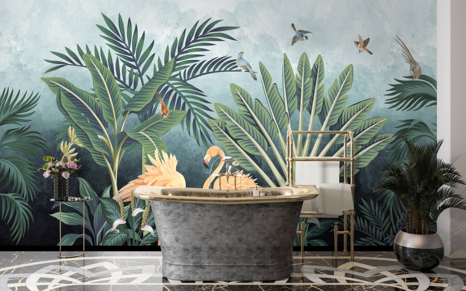 Fototapeta w dżungli na wodzie świecą różowe flamingi