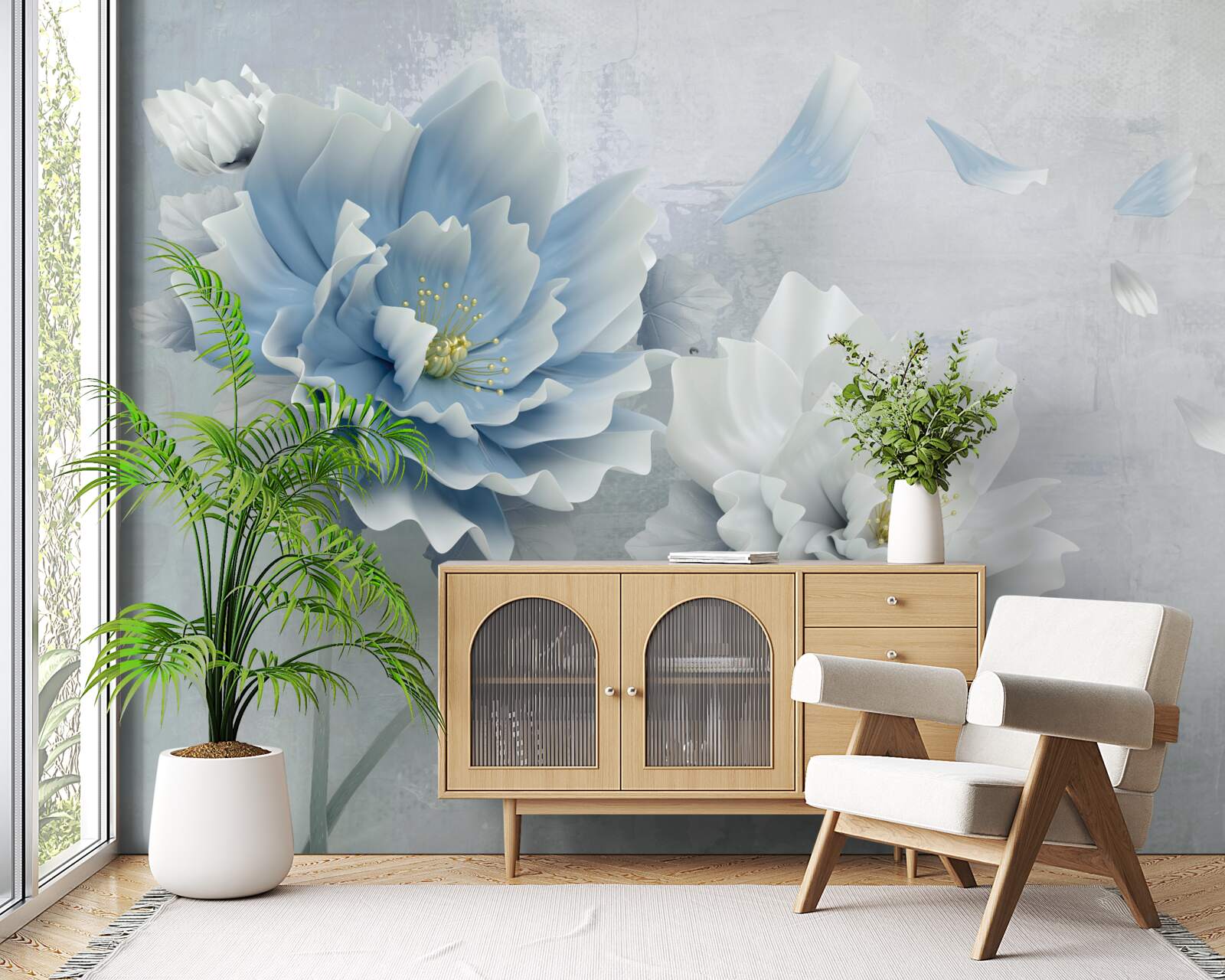 Fototapeta abstrakcyjny obraz biało-niebieskiego kwiatu na tle gór