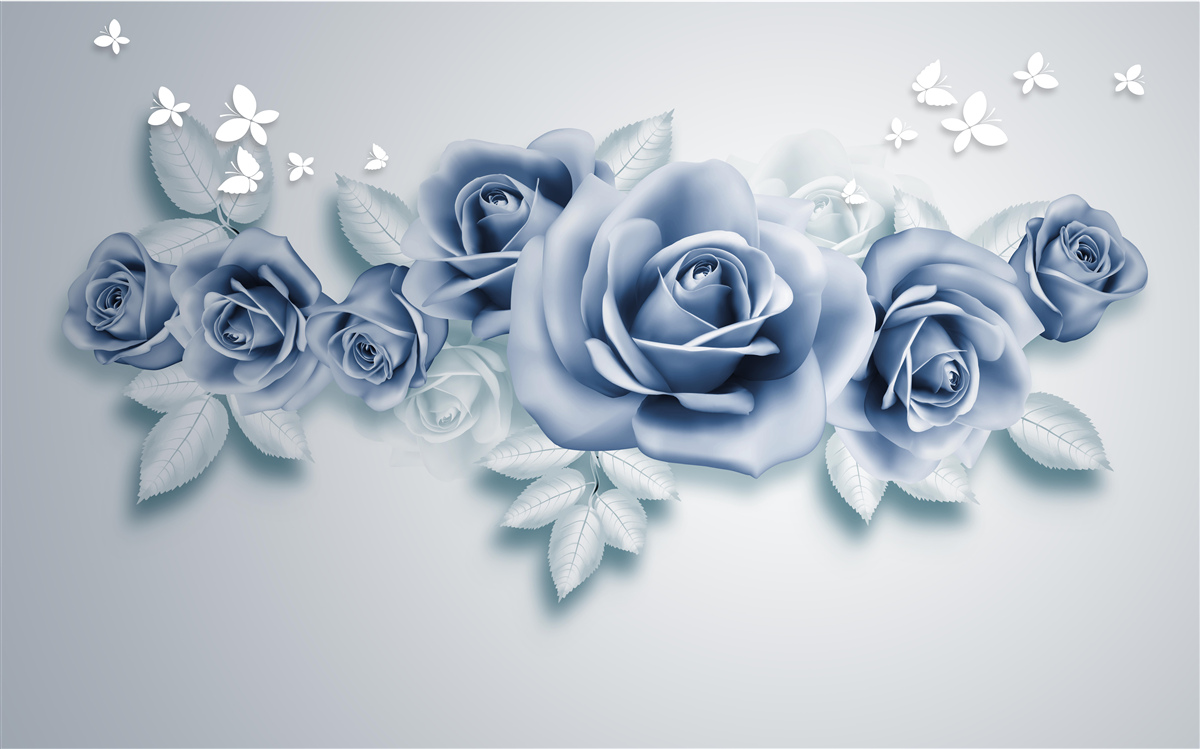 Fototapeta Śnieżnobiałe motyle i miękkie niebieskie róże