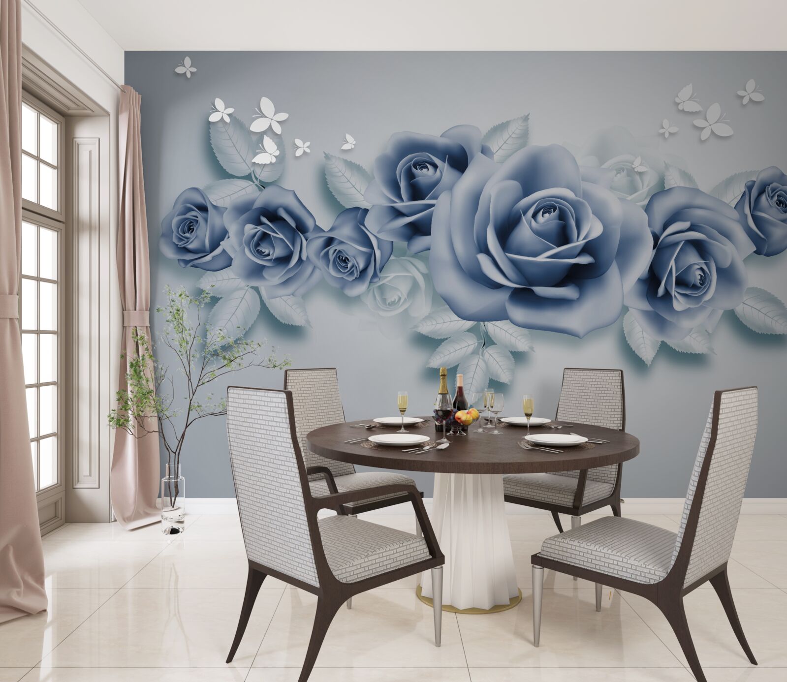 Fototapeta Śnieżnobiałe motyle i miękkie niebieskie róże