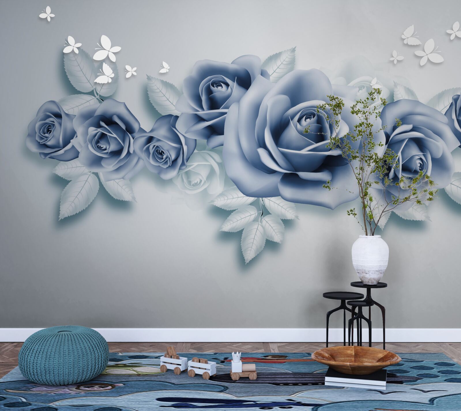 Fototapeta Śnieżnobiałe motyle i miękkie niebieskie róże