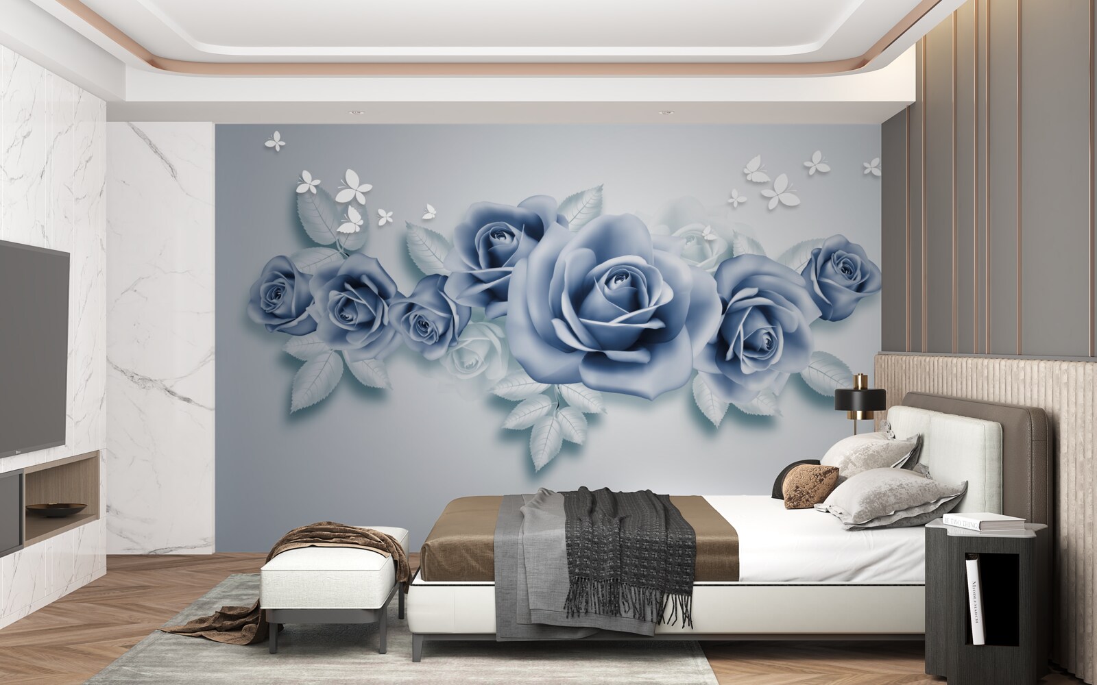 Fototapeta Śnieżnobiałe motyle i miękkie niebieskie róże