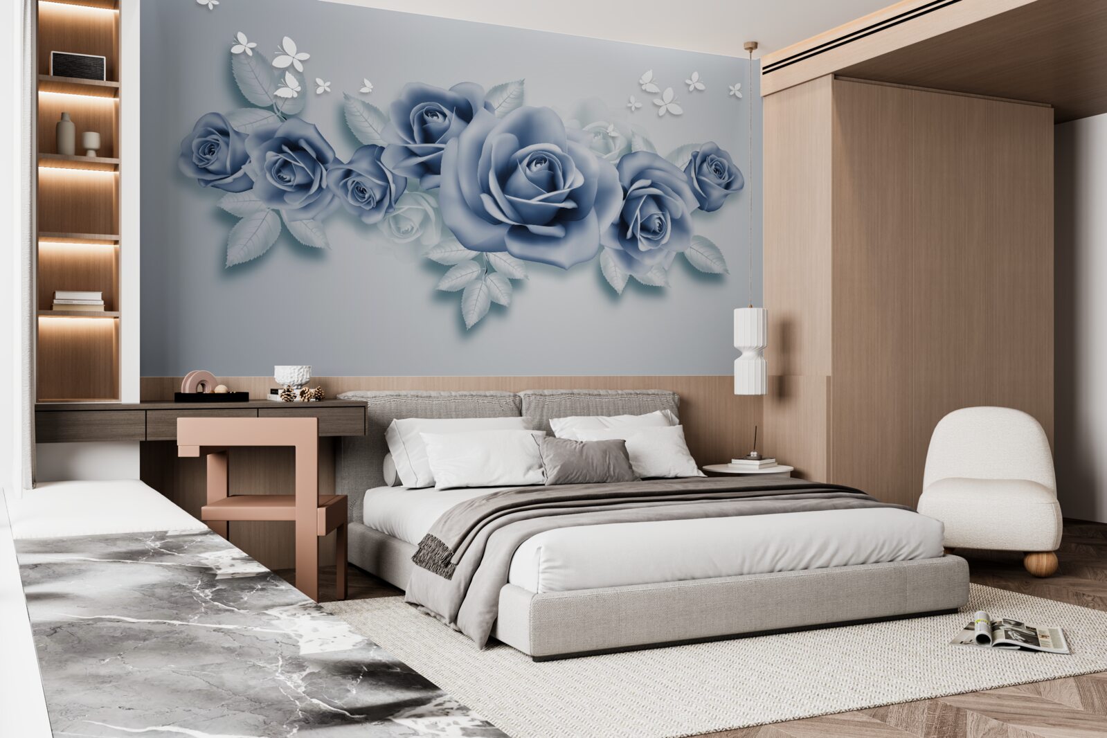 Fototapeta Śnieżnobiałe motyle i miękkie niebieskie róże