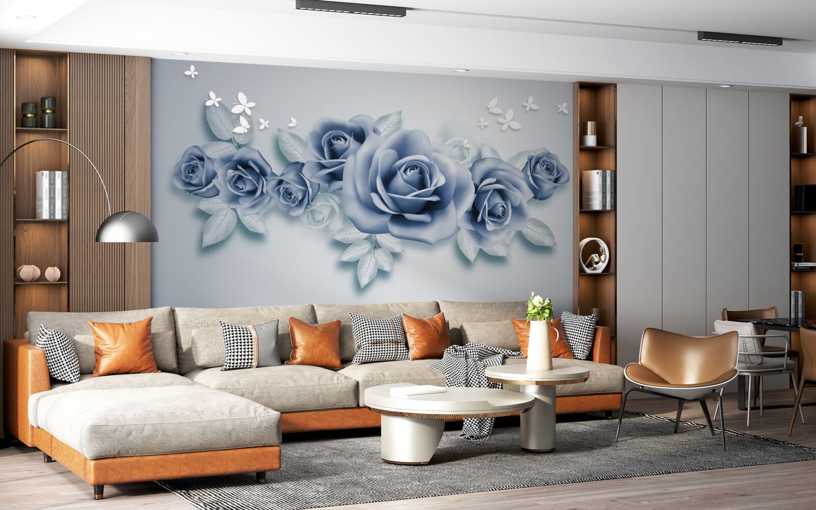 Fototapeta Śnieżnobiałe motyle i miękkie niebieskie róże