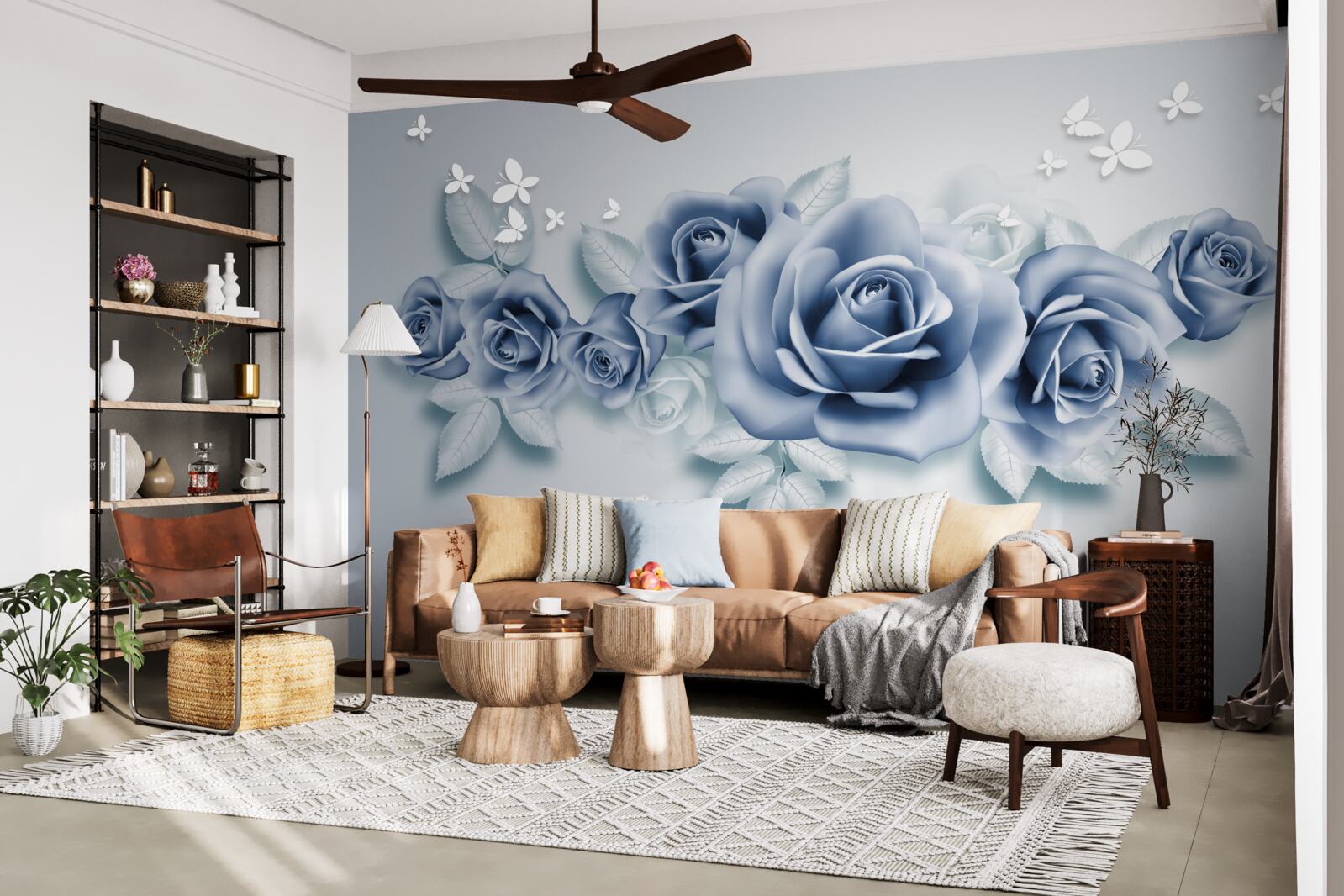 Fototapeta Śnieżnobiałe motyle i miękkie niebieskie róże