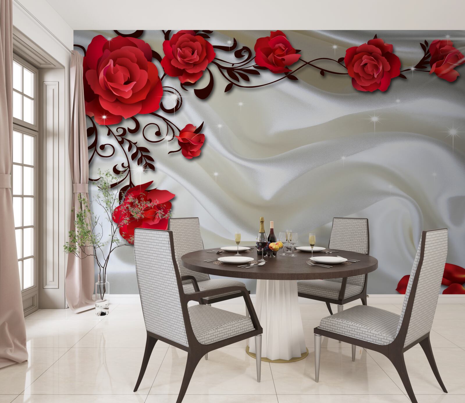 Fototapeta gałęzie czerwonych róż na miękkim jedwabnym tle