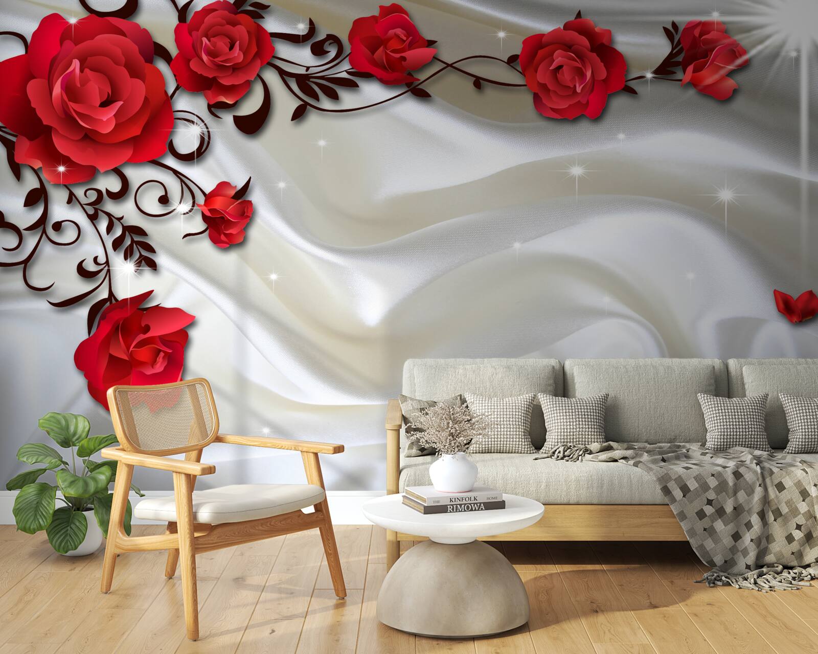 Fototapeta gałęzie czerwonych róż na miękkim jedwabnym tle