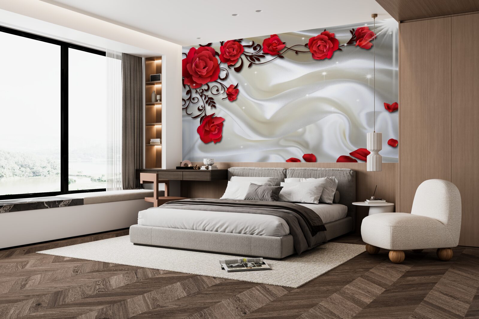 Fototapeta gałęzie czerwonych róż na miękkim jedwabnym tle