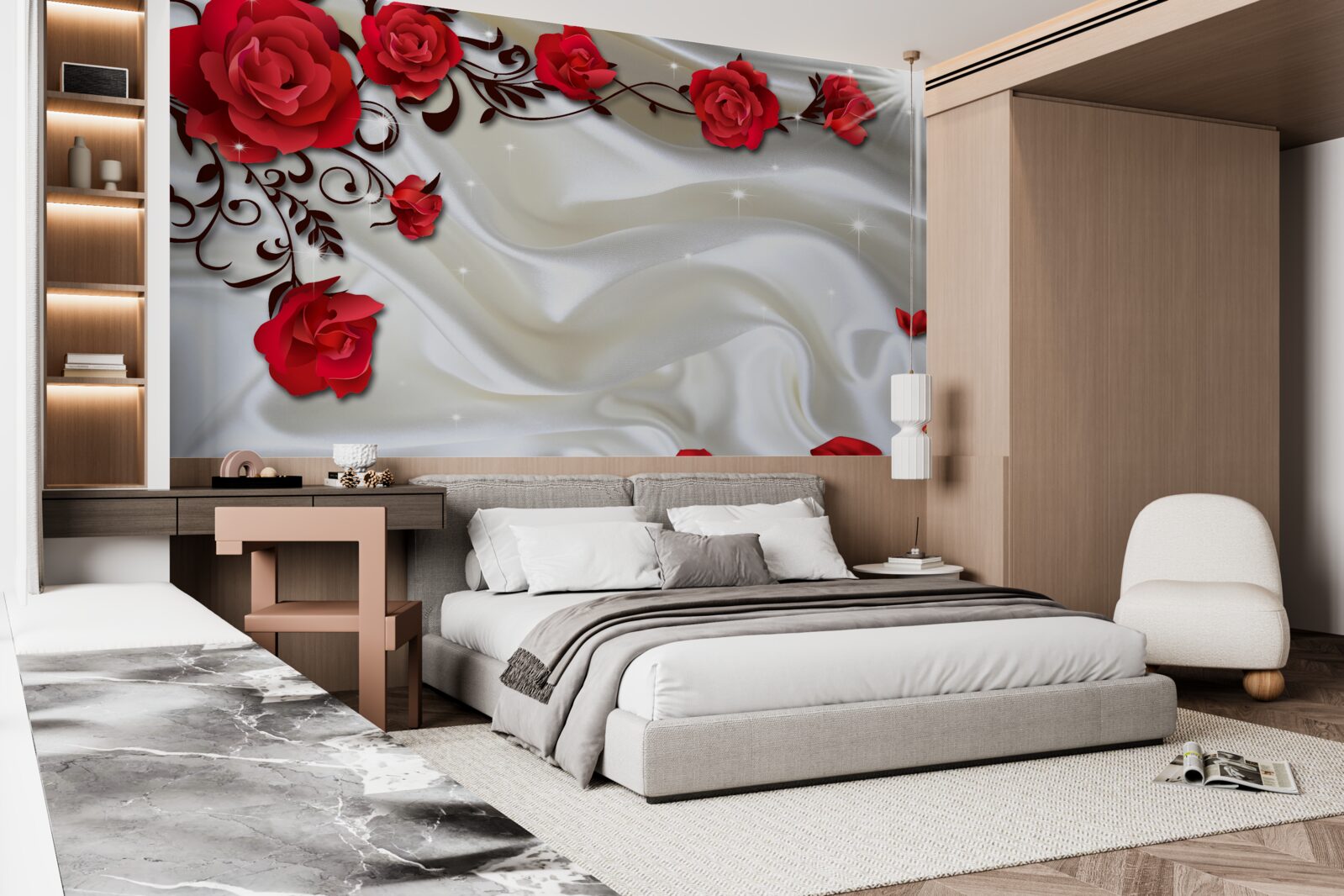 Fototapeta gałęzie czerwonych róż na miękkim jedwabnym tle