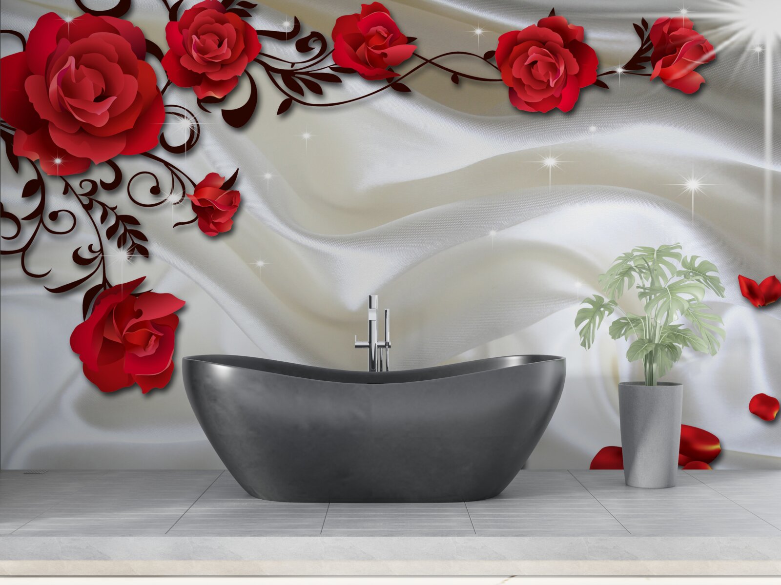 Fototapeta gałęzie czerwonych róż na miękkim jedwabnym tle