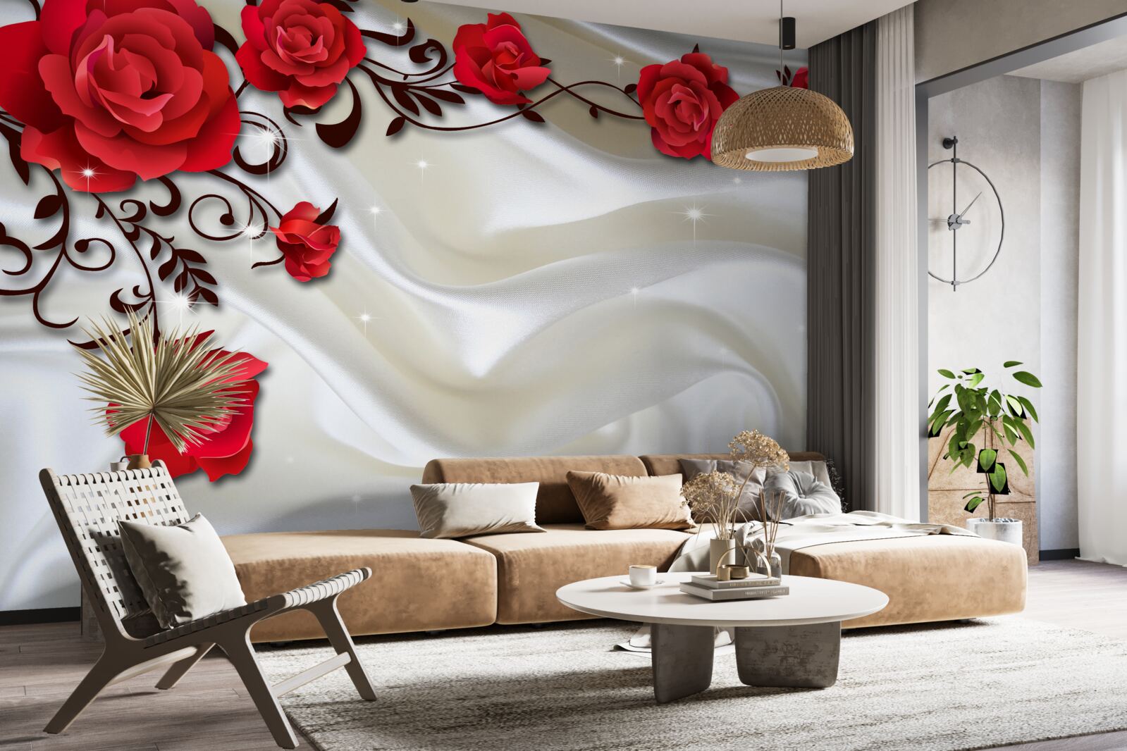 Fototapeta gałęzie czerwonych róż na miękkim jedwabnym tle