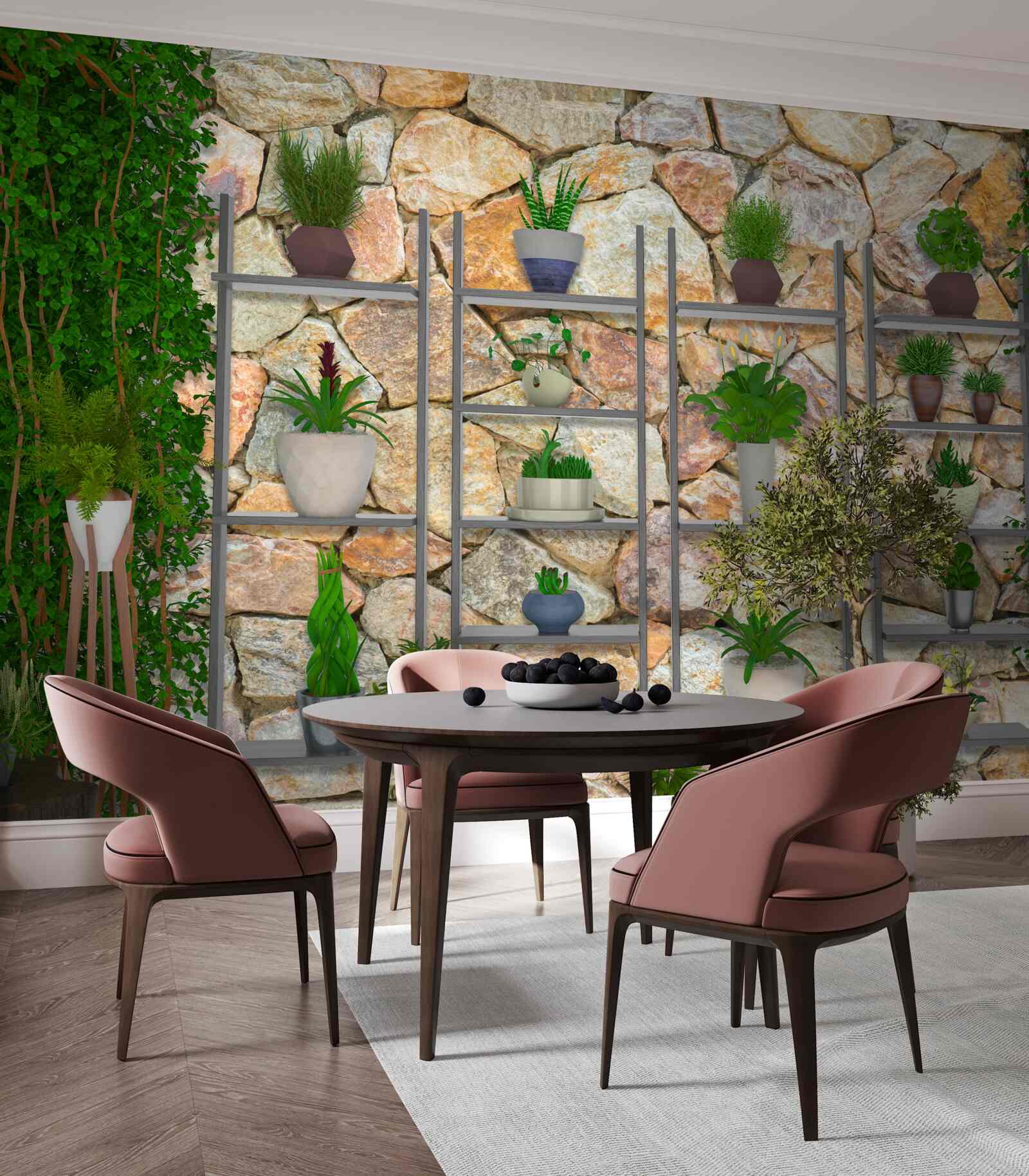 Fototapeta rośliny doniczkowe na półce, pomalowane na zielono