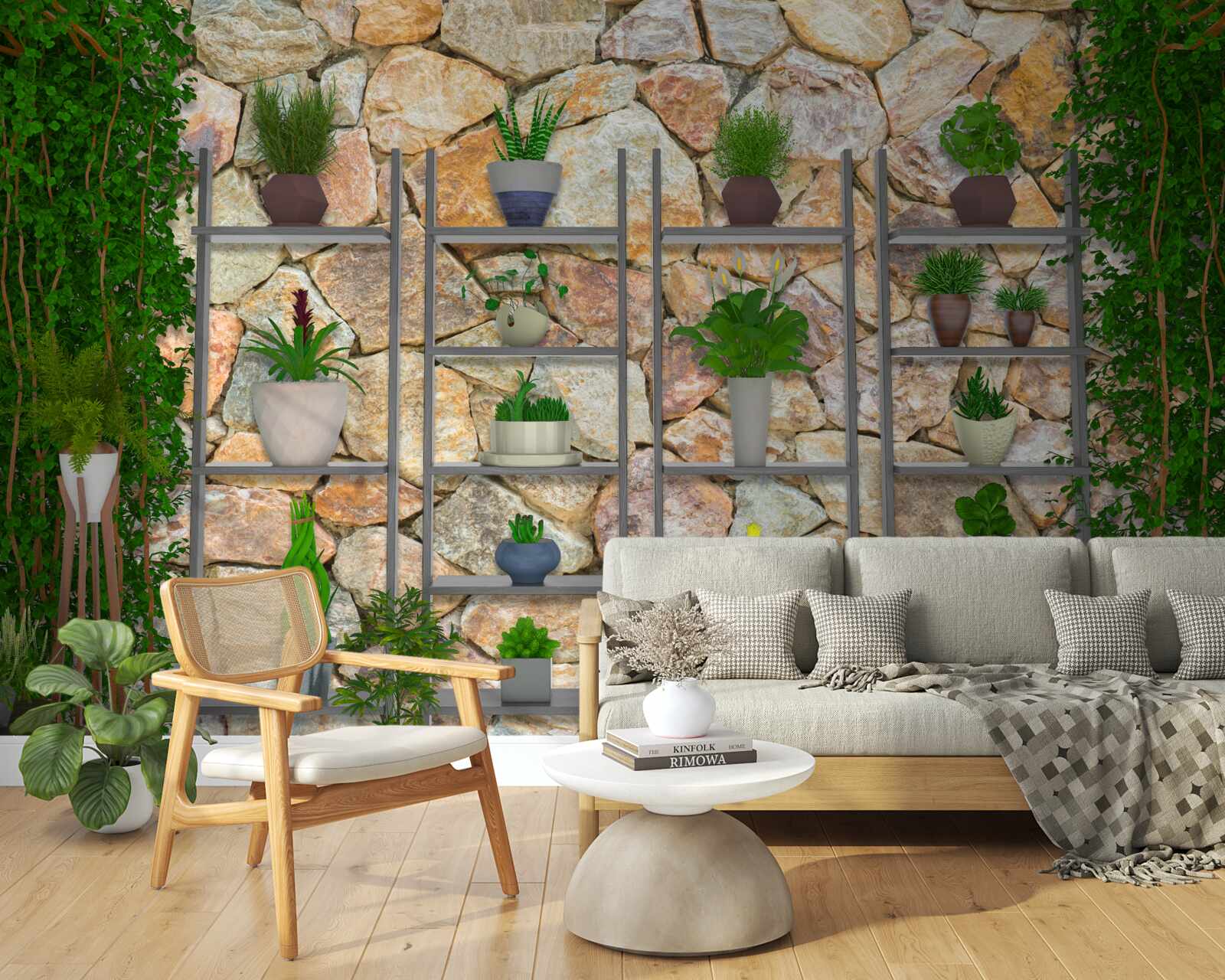 Fototapeta rośliny doniczkowe na półce, pomalowane na zielono