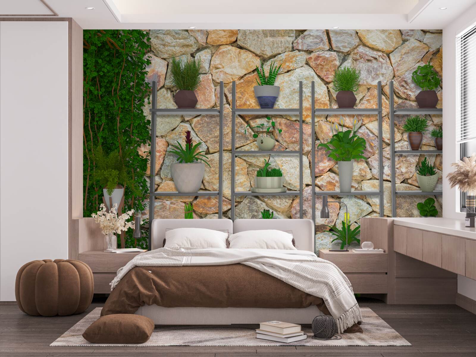 Fototapeta rośliny doniczkowe na półce, pomalowane na zielono