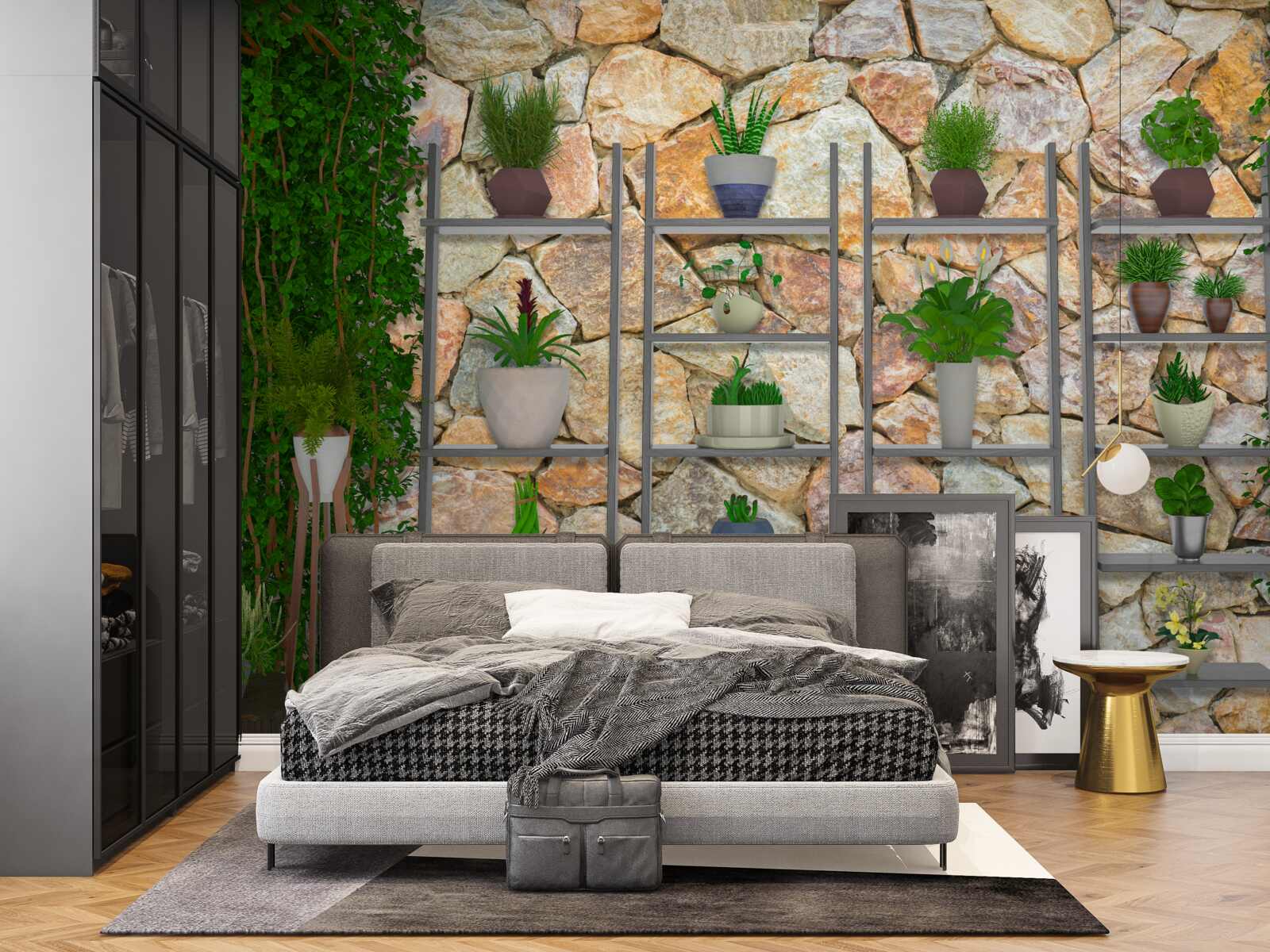 Fototapeta rośliny doniczkowe na półce, pomalowane na zielono