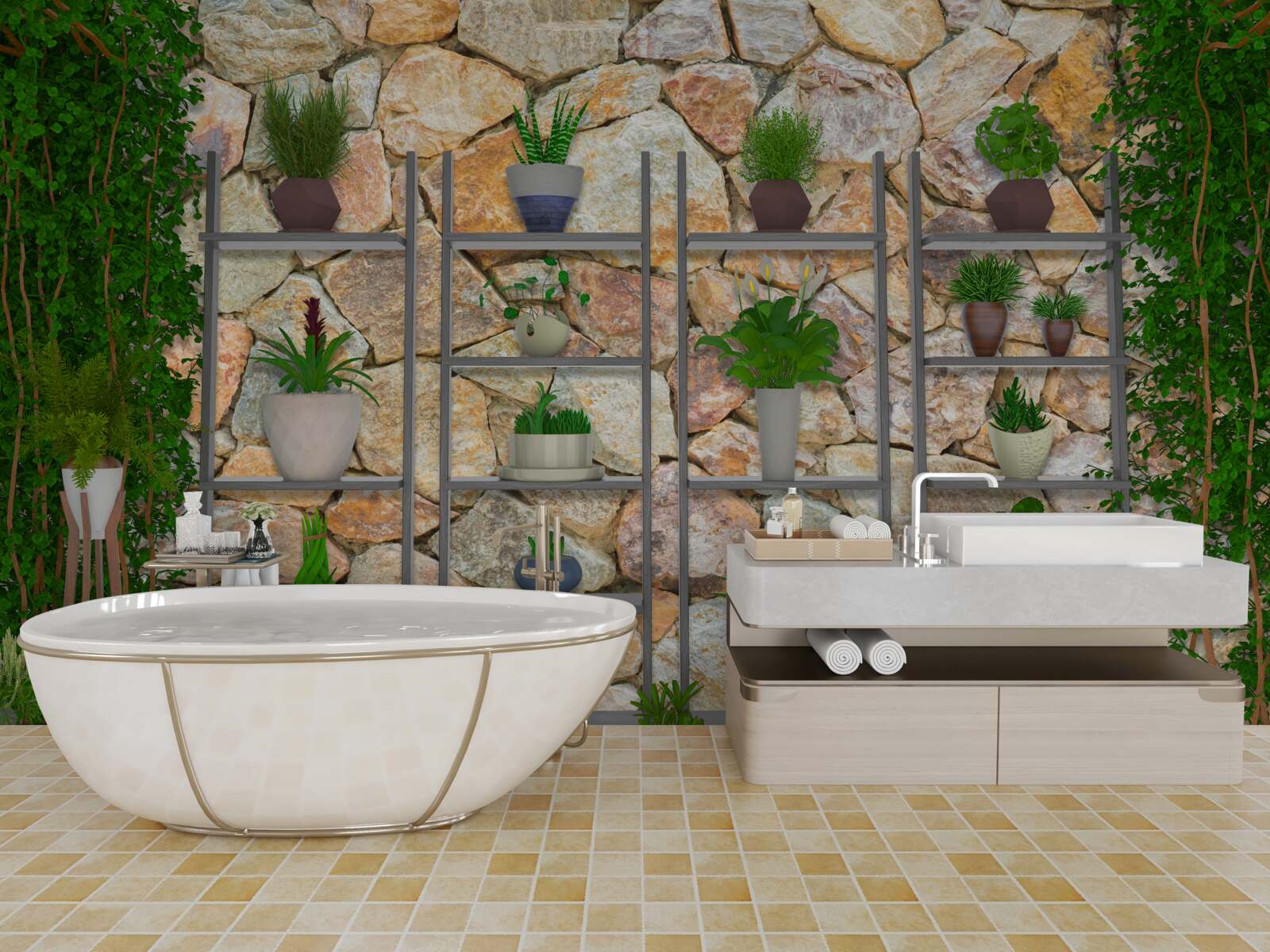 Fototapeta rośliny doniczkowe na półce, pomalowane na zielono