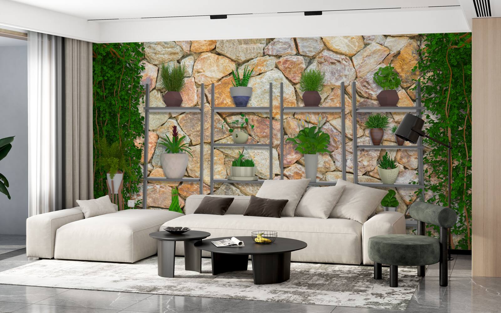 Fototapeta rośliny doniczkowe na półce, pomalowane na zielono