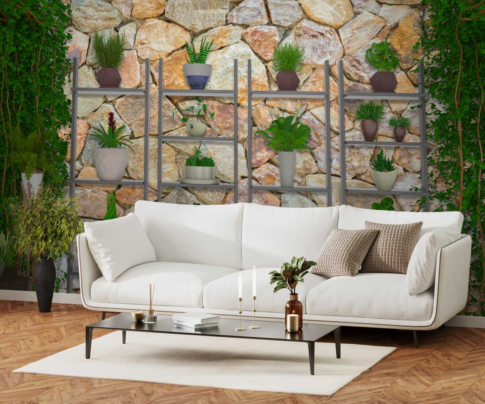 Fototapeta rośliny doniczkowe na półce, pomalowane na zielono