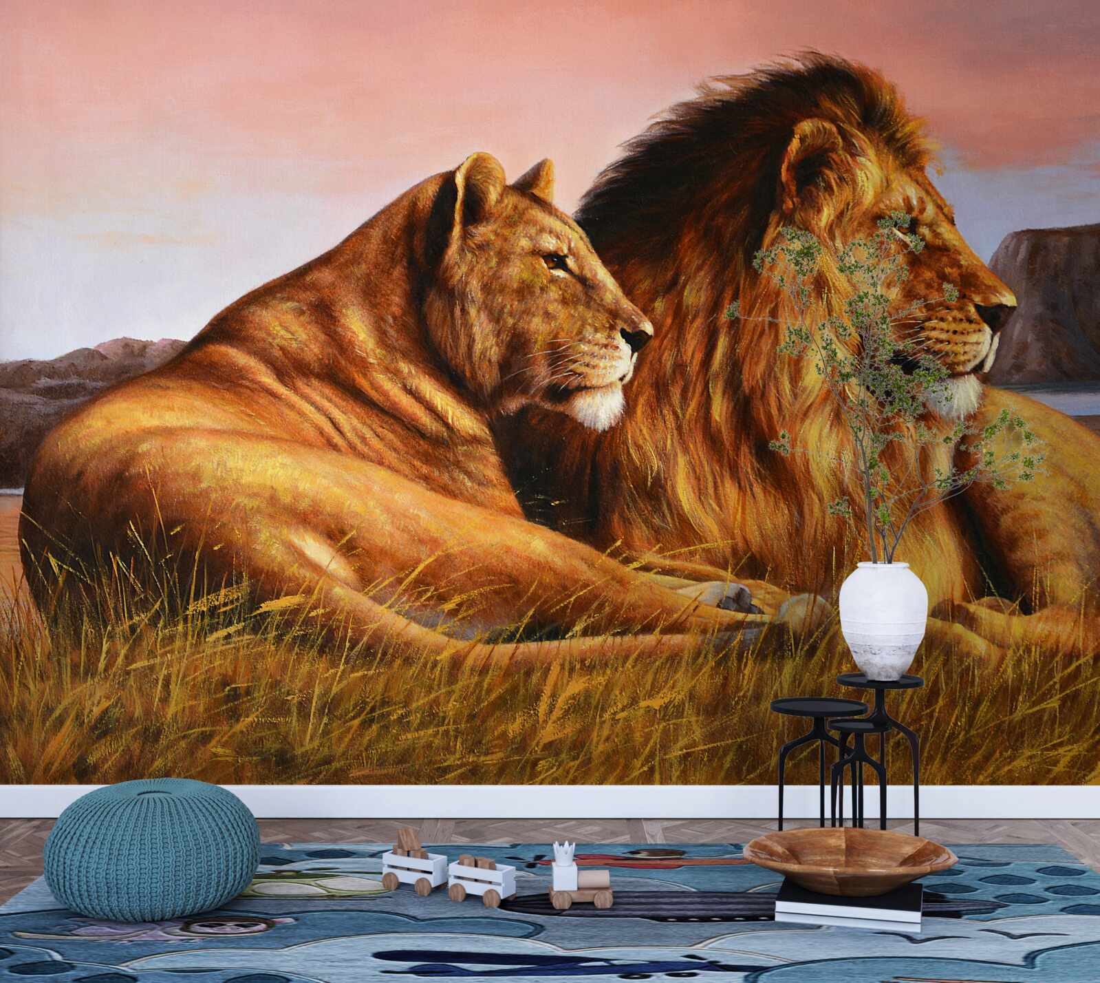 Fototapeta rodzina lwów czuwa nad swoimi dziećmi